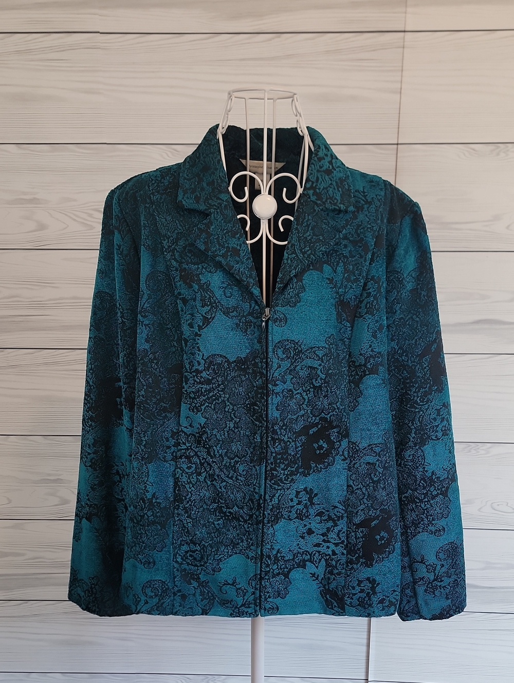Christopher & Banks Teal and Black Brocade Full Zip Jacket Womens Size XL